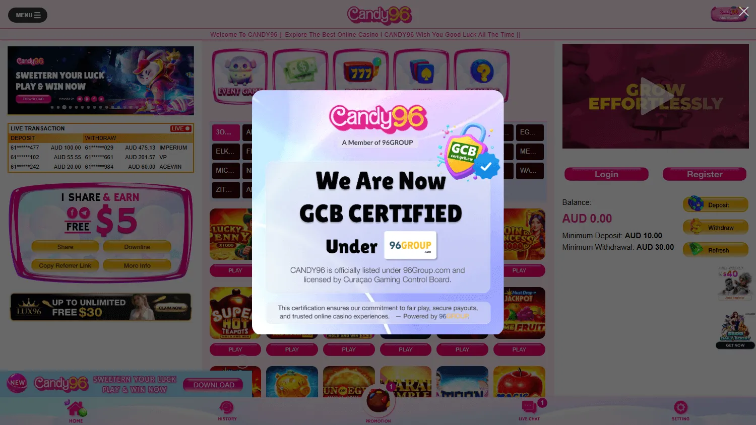 Candy 96 Casino games screen on desktop