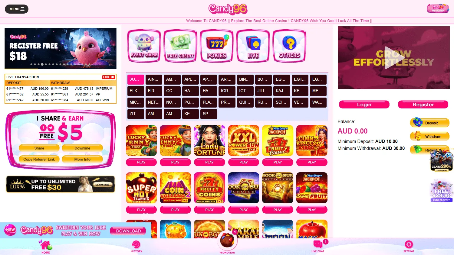 Candy 96 Casino home screen on desktop