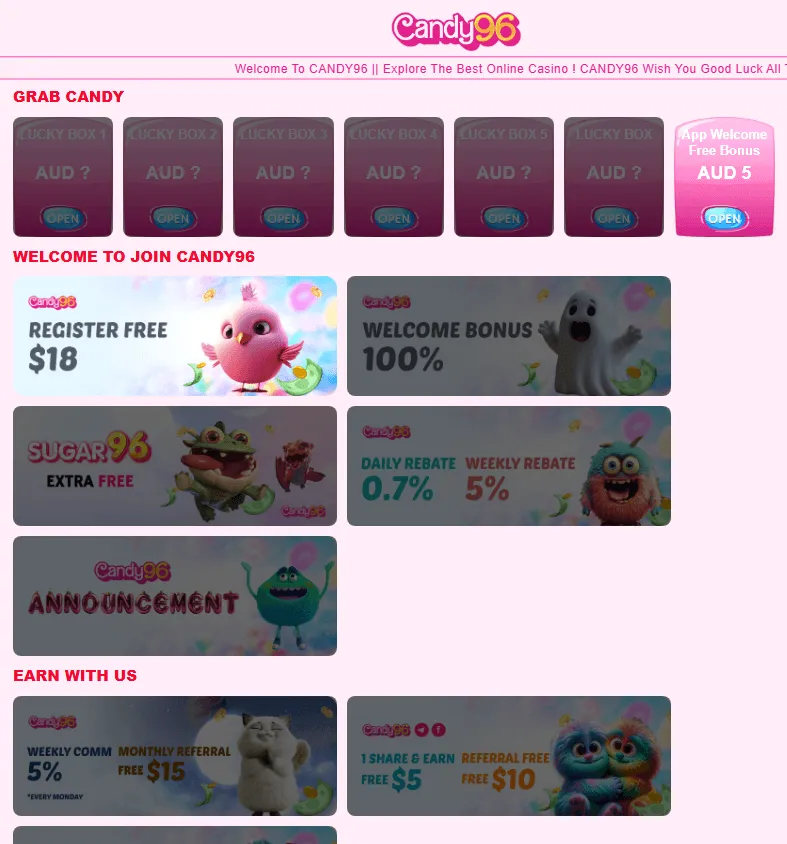 Candy 96 Casino promotions screen on desktop