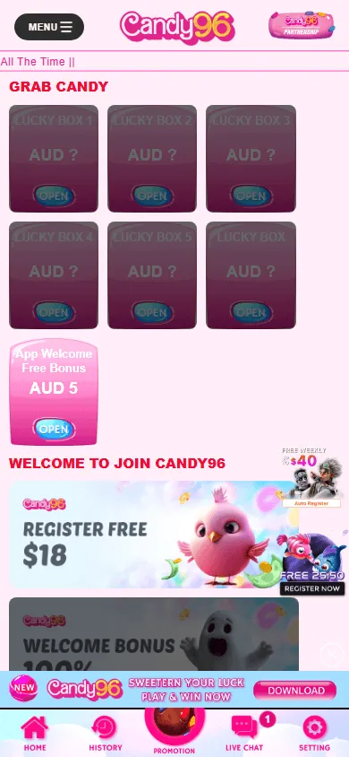 Candy 96 Casino promotions screen on a mobile phone